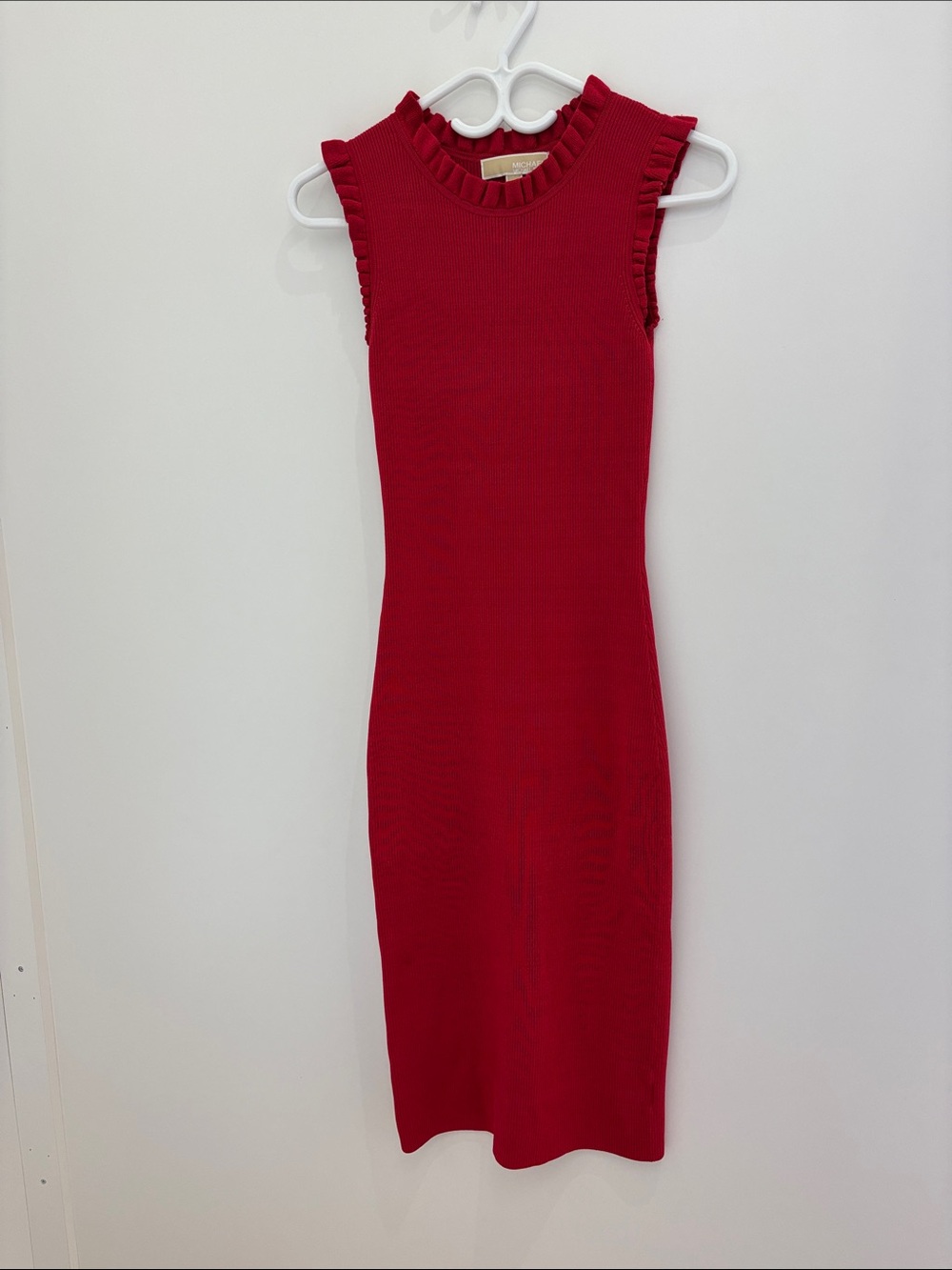 Michael Kors Red Sleeveless Ribbed Midi Dress with Ruffle Trim